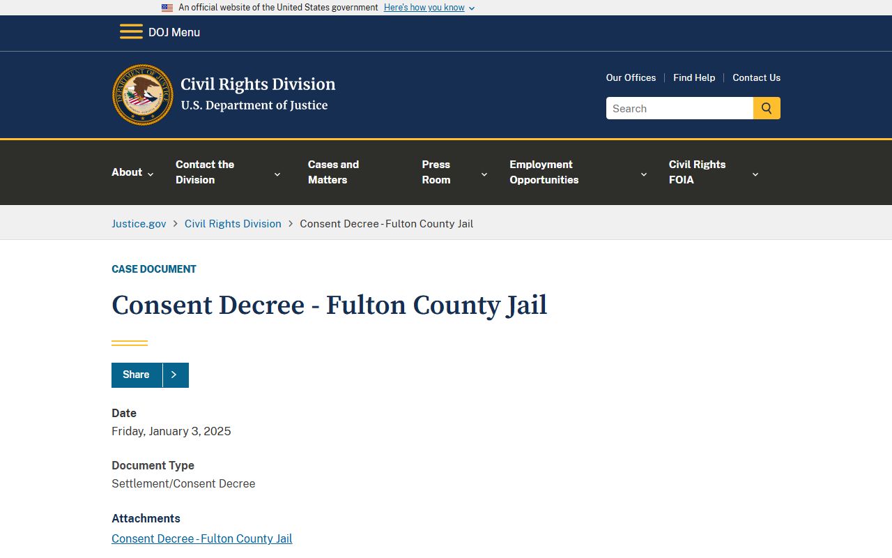 Fulton County inmate population DOJ consent decree page