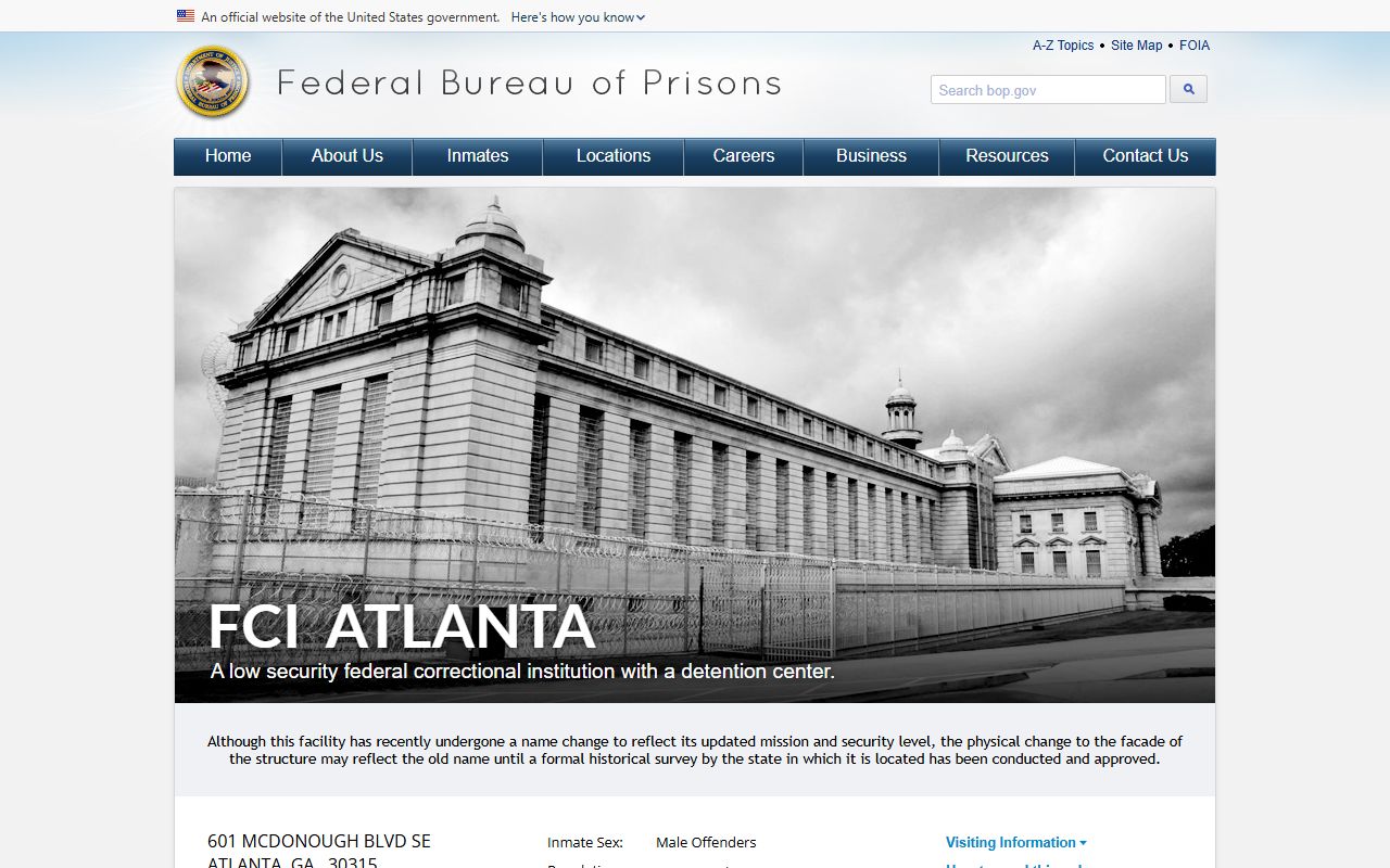 Federal Bureau of Prisons FCI Atlanta official facility page