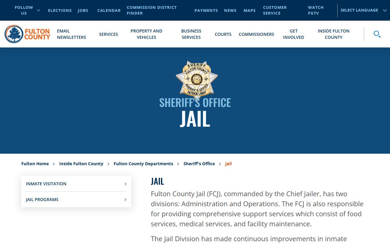 Fulton County jail page with South Annex Jail listed among jail locations